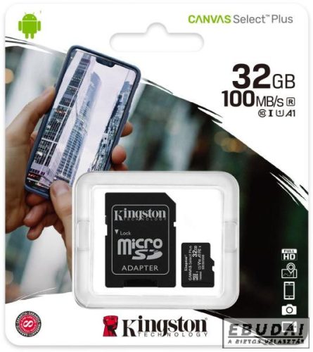 Kingston 32GB SD micro Canvas Select Plus (SDHC Class 10 A1) (SDCS2/32GB) memória kártya adapterrel